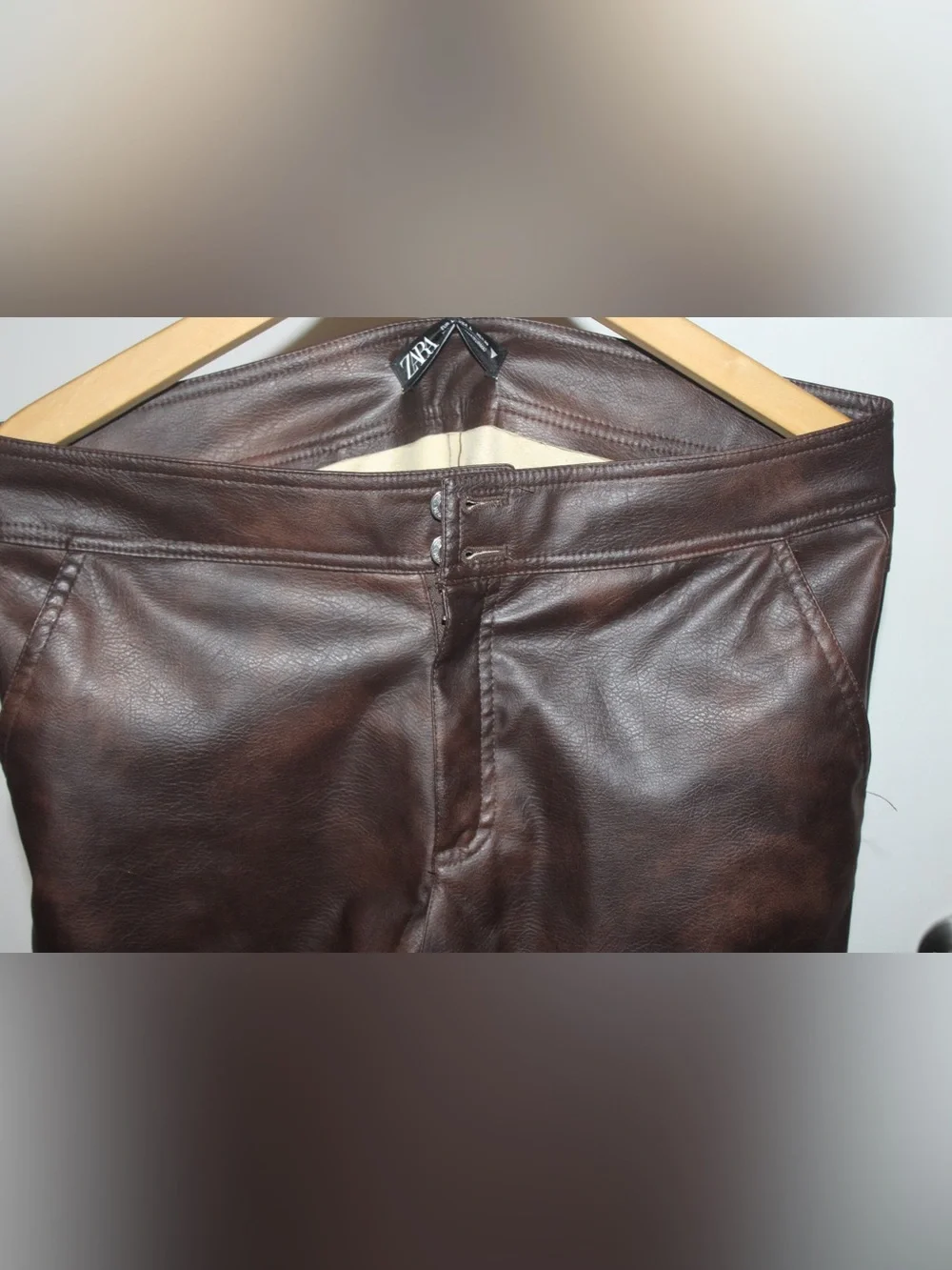 USED Men's Brown Faux Leather Pants - Classic Straight Fit from Zara